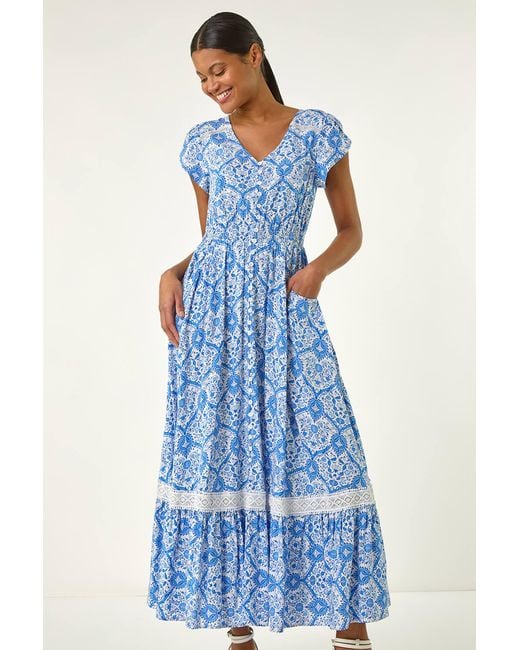 Roman Blue Tile Print Shirred Waist Maxi Dress