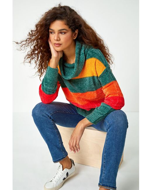 Roman Blue Chenille Striped Cowl Neck Jumper