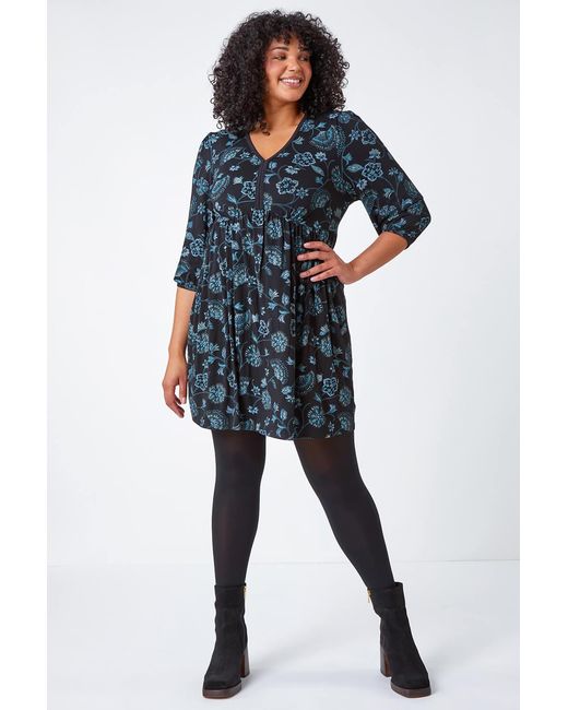 Roman Curve Blue Floral Print Smock Stretch Dress
