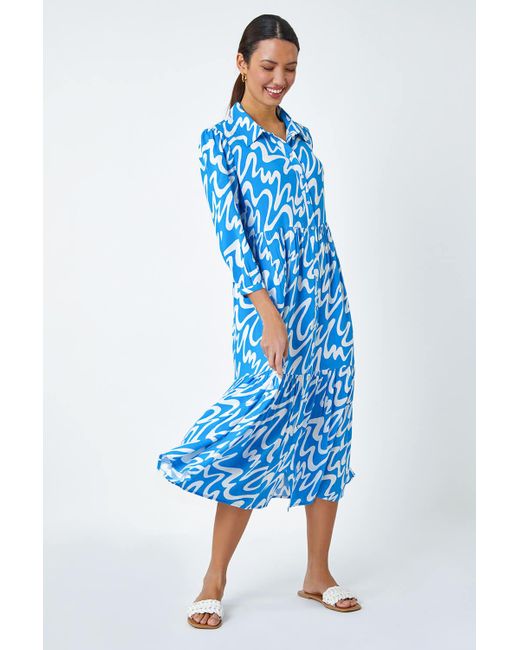 Roman Blue Wave Print Tiered Shirt Dress