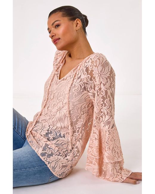 Roman Pink Tie Neck Lace Detail Top