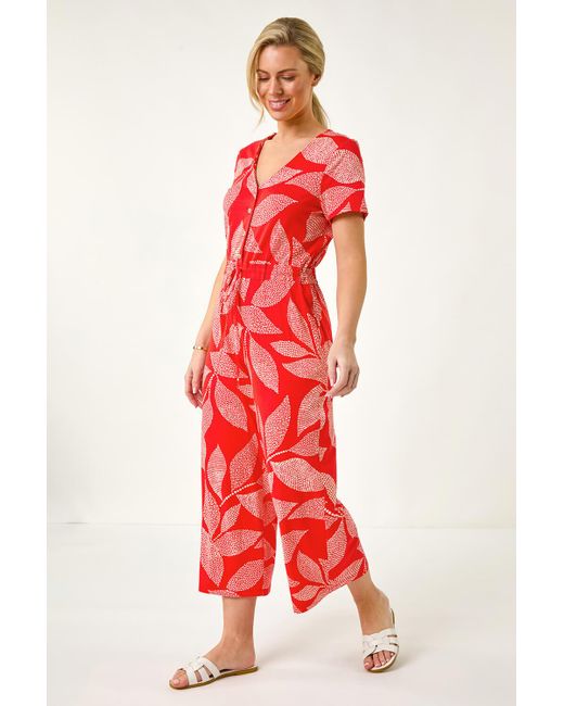 Roman Petite Red Leaf Print Stretch Jumpsuit