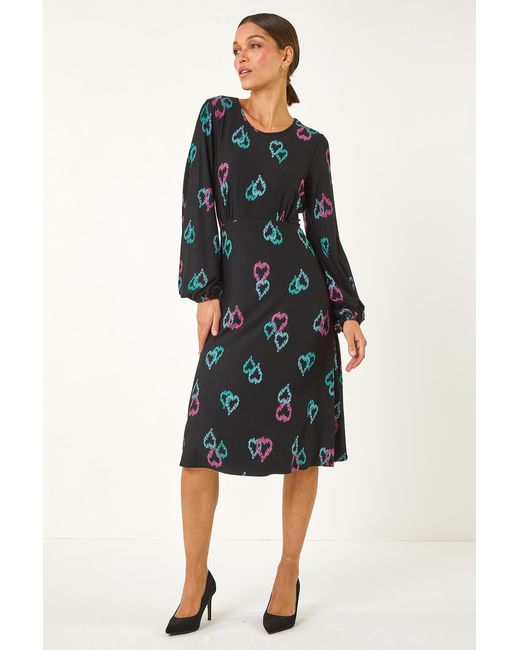Roman Blue Heart Print Tea Stretch Midi Dress