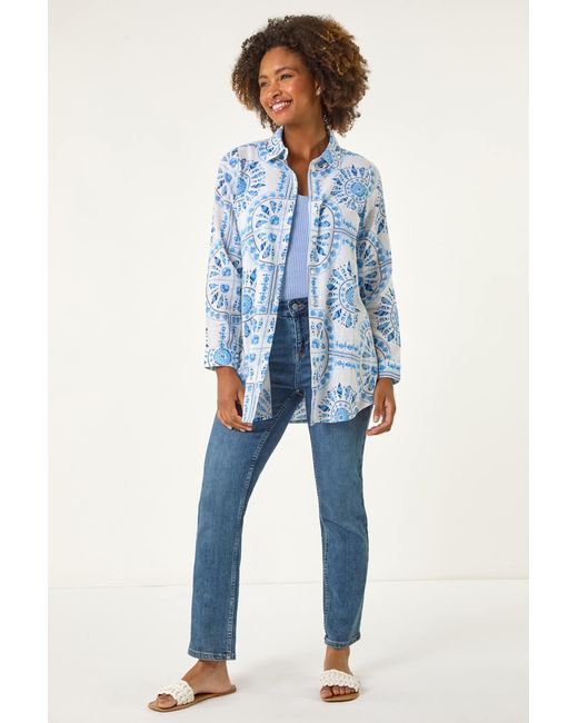 Roman Blue Abstract Print Collared Shirt