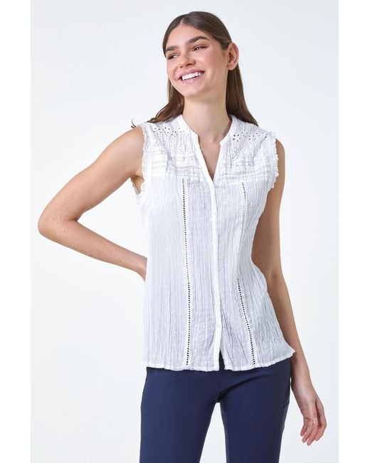 Roman White Broderie Crinkle V-Neck Cotton Top