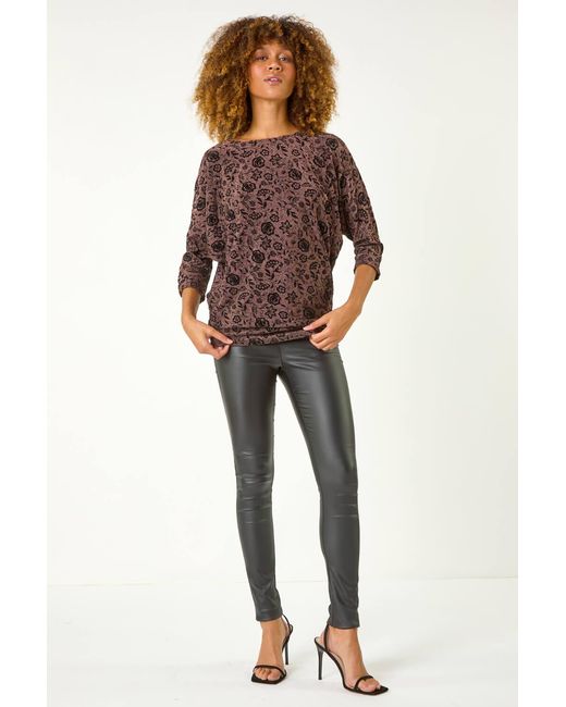 Roman Brown Floral Print Banded Glitter Top