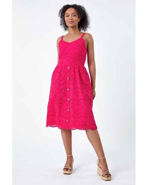 Roman Petite Pink Cotton Broderie Button Dress