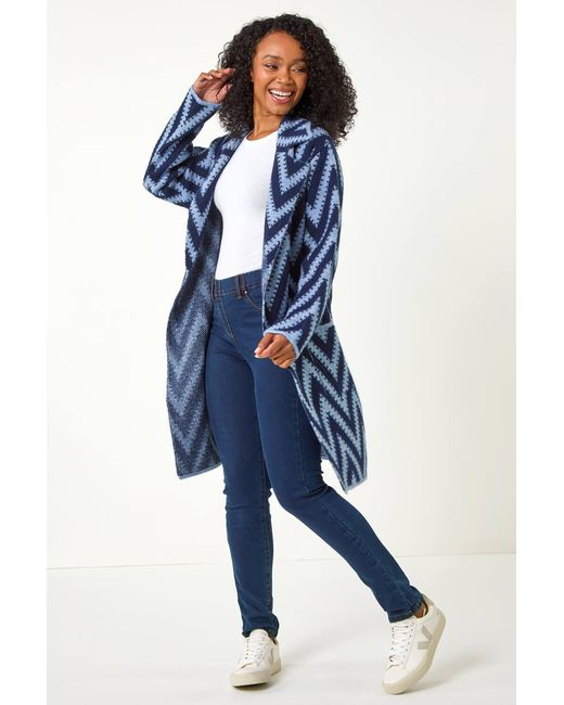 Roman Petite Blue Chevron Print Pocket Knit Coatigan