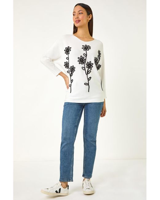 Roman White Floral Embroidery Knit Jumper