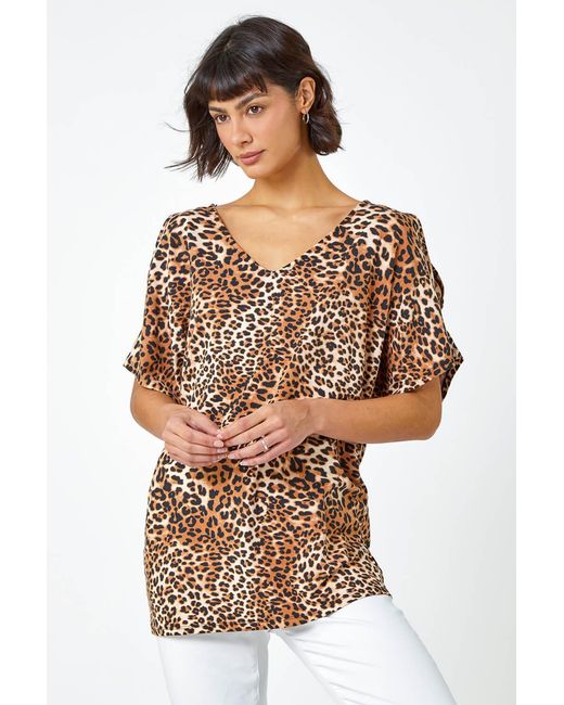 Roman Natural Animal Print V-Neck Cold Shoulder Stretch Top