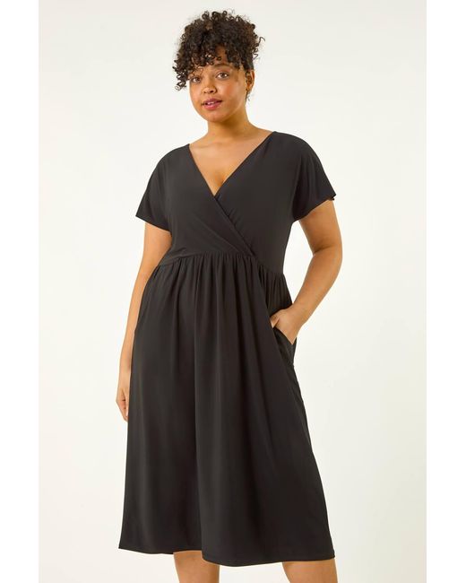 Roman Curve Black Wrap Front Stretch Dress