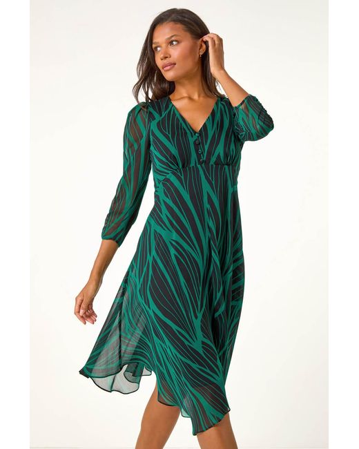 Roman Green Abstract Print Wrap Hanky Hem Midi Dress