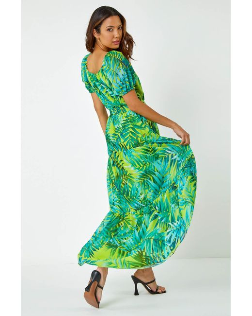 Roman Green Palm Print Chiffon Tiered Maxi Dress