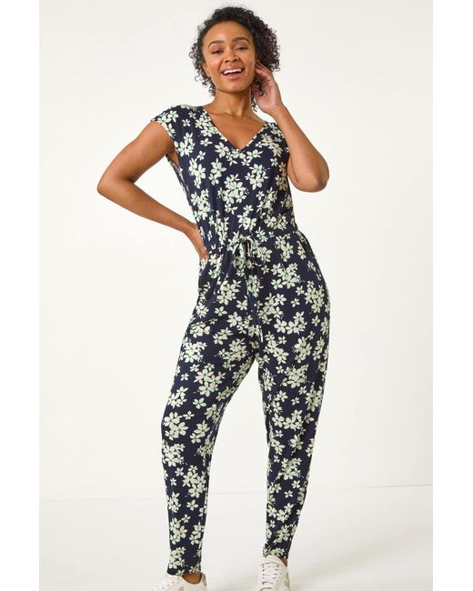 Roman Petite Blue Floral Print Tie Stretch Jumpsuit