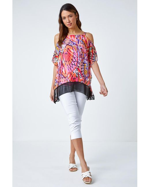 Roman Red Butterfly Contrast Cold Shoulder Chiffon Top