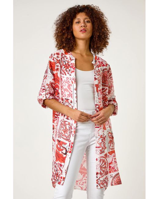 Roman Red Tile Print Longline Blouse