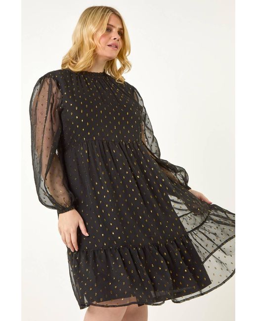 Roman Curve Black High Neck Metallic Overlay Swing Dress