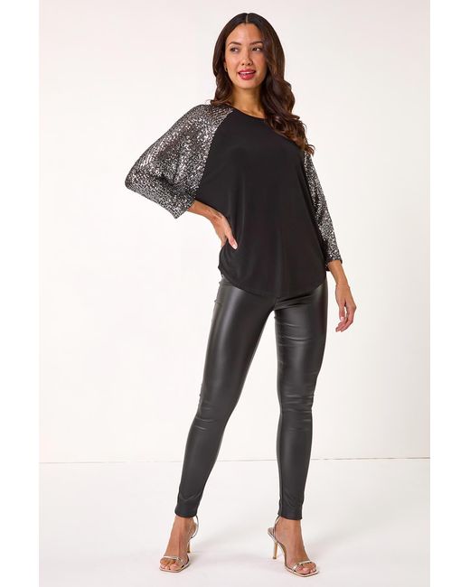 Roman Black Sequin Sleeve Tunic Stretch Top