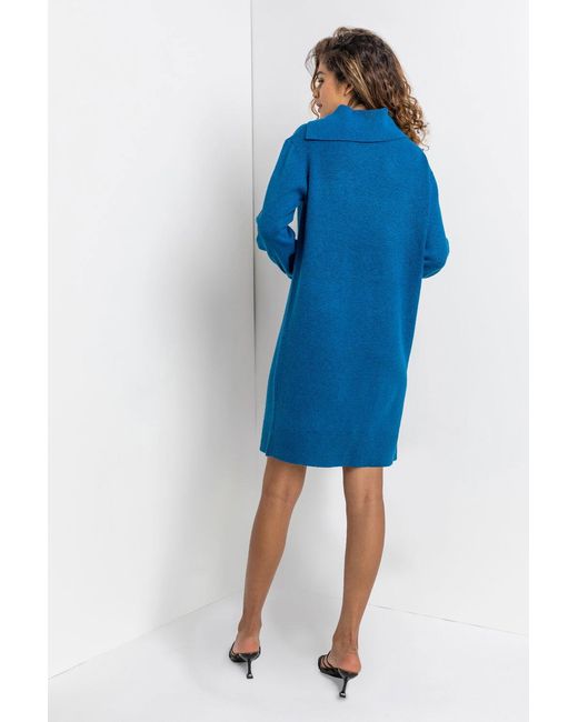 Roman Blue Split Neck Ribbed Knit Dress