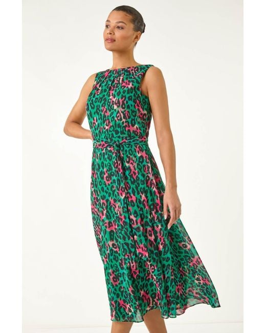 Roman Animal Print Pleated Midi Dress in Green | Lyst UK
