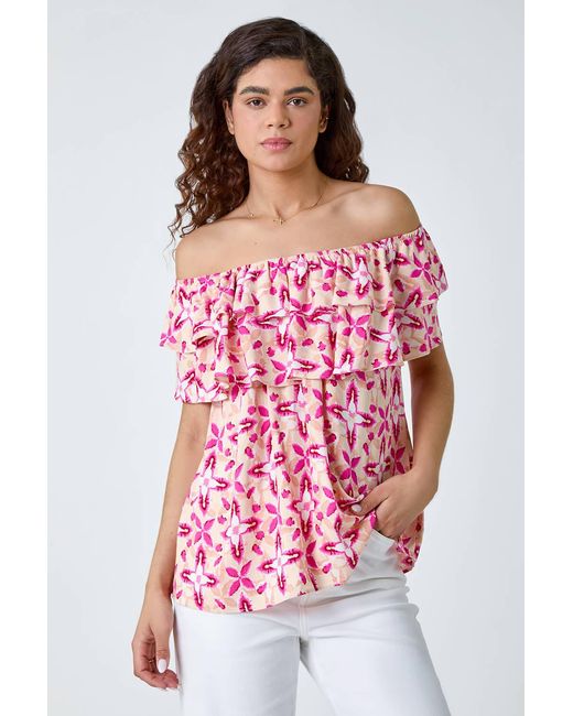 Roman Red Geo Tie Dye Frill Bardot Top