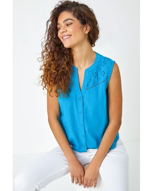 Roman Blue Sleeveless Embroidered Cotton Blouse