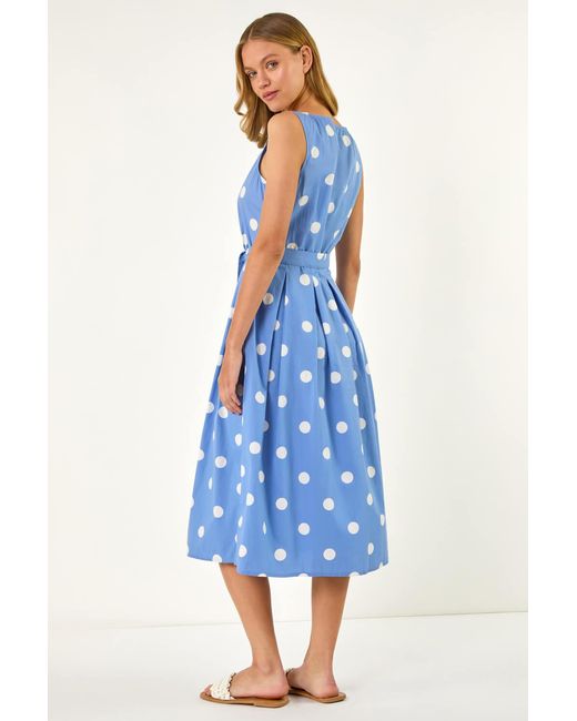 Roman Blue Spot Print Belted Midi Dress