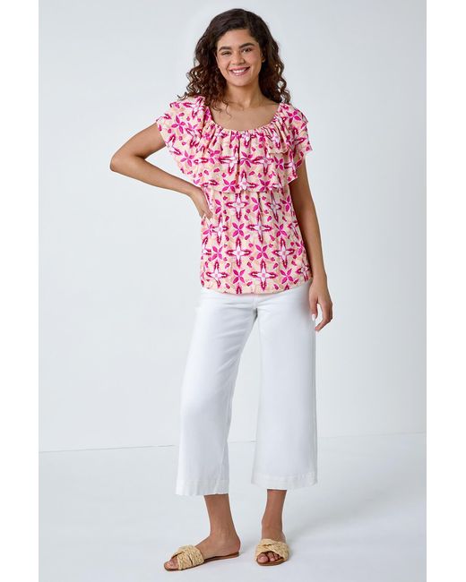 Roman Red Geo Tie Dye Frill Bardot Top