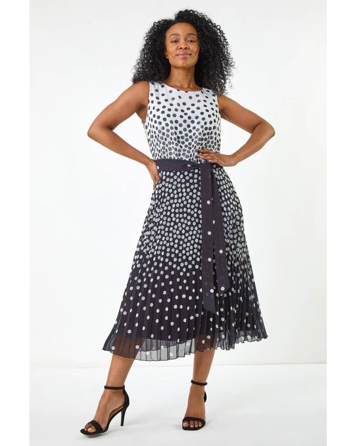 Roman Petite Blue Spot Print Pleated Midi Dress