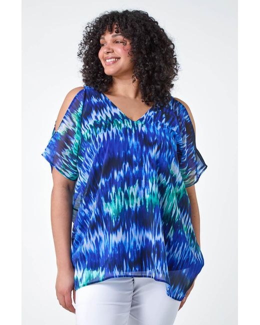 Roman Blue Curve Abstract Print Overlay Top