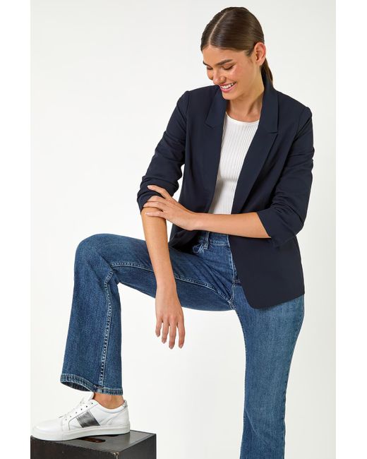 Roman Blue Ruched 3/4 Sleeve Blazer Jacket