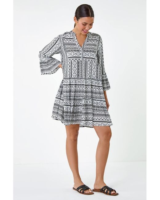 Roman White Aztec Print Frill Smock Dress