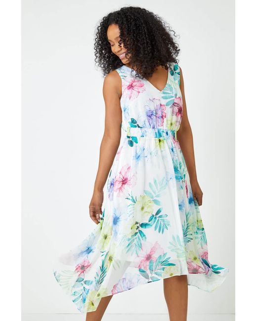 Roman Petite White Floral Print Shirred Asymmetric Dress