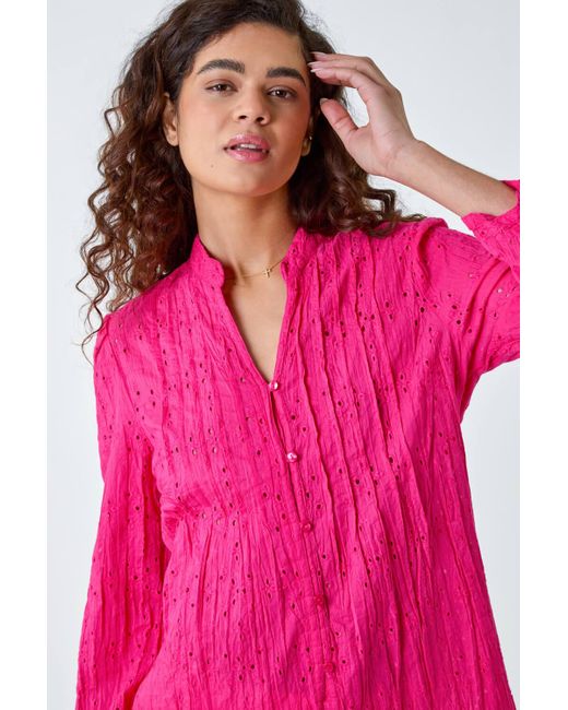 Roman Pink Embroidered Crinkle Cotton V-Neck Blouse