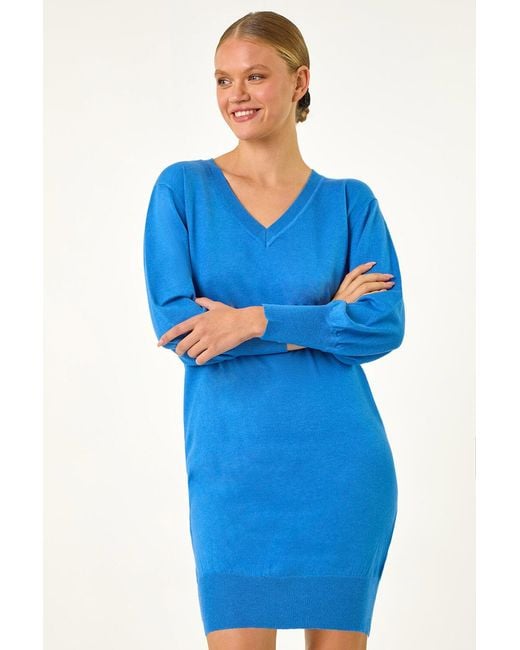 Roman Blue V-Neck Knit Jumper Dress