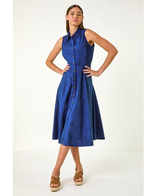 Roman Blue Embroidered Buttoned Midi Dress