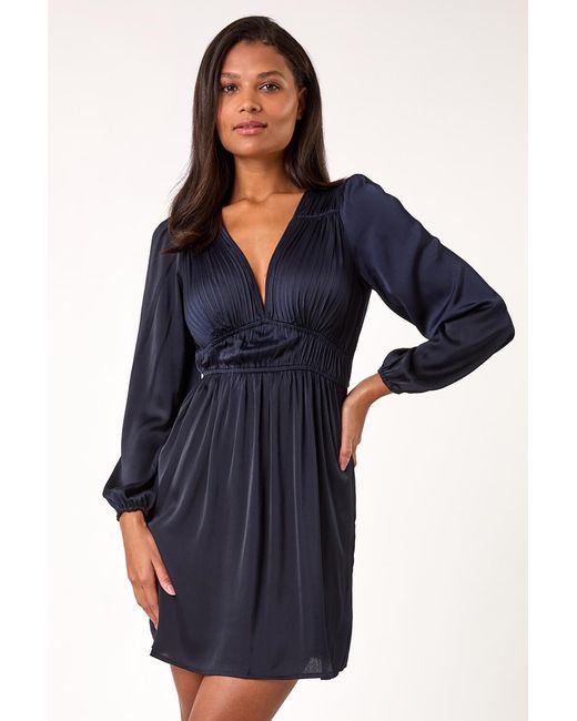 Roman Blue Pleated V-Neck Mini Dress
