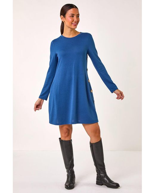 Roman Blue Side Button Detail Stretch Swing Dress