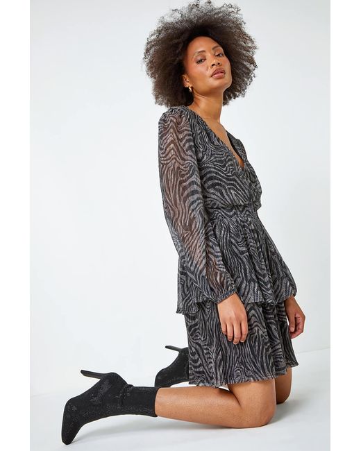D.u.s.k Gray Zebra Print Plisse Stretch Dress
