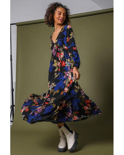 D.u.s.k Blue Floral Empire Line Maxi Dress