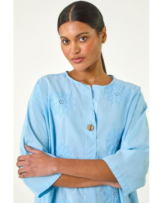 Roman Blue Cotton Floral Embroidered Tunic Top