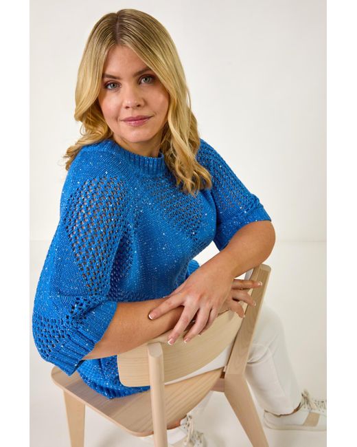 Roman Curve Blue Metallic Diamond Knit Top