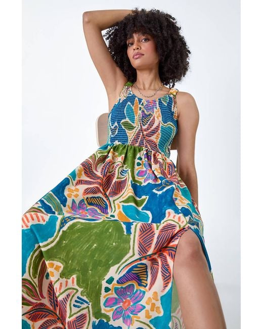 Roman Blue Tropical Leaf Shirred Bodice Midi Dress