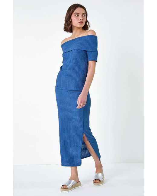 Roman Blue Textured Stretch Midi Elastic Waist Skirt