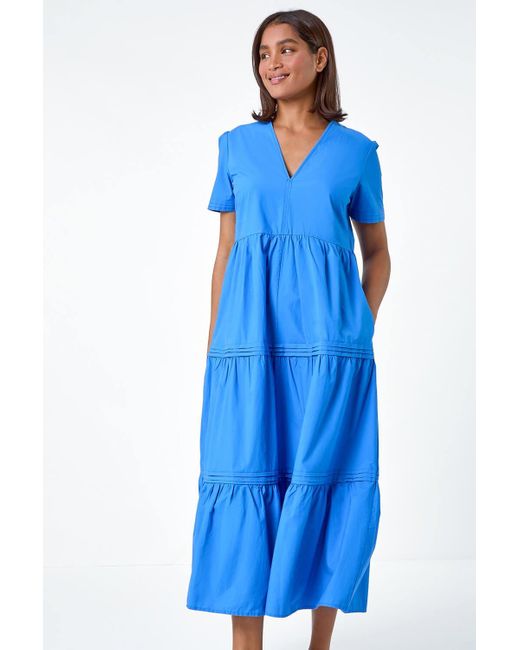 Roman Blue Plain Cotton Tiered Maxi Dress