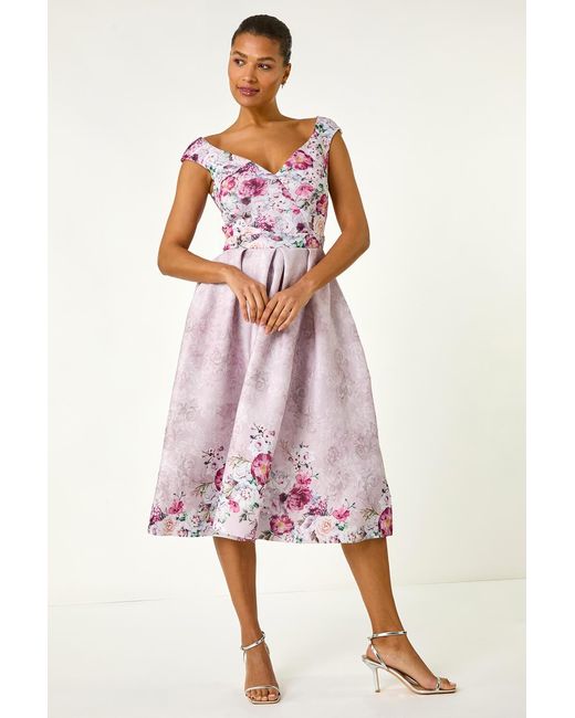 Roman Pink Sweetheart Floral Premium Stretch Midi Dress