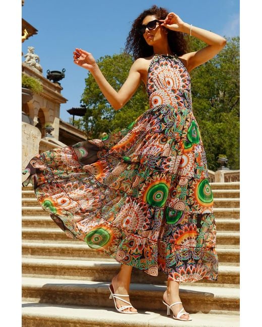 Roman Green Abstract Halter Neck Tiered Maxi Dress