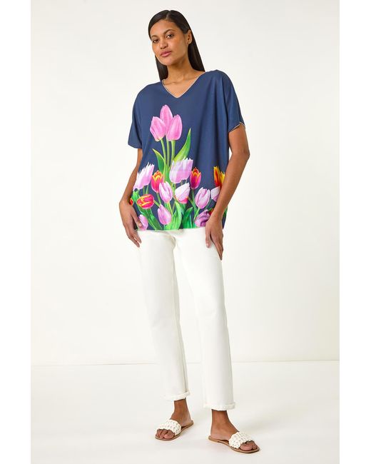 Roman Blue Tulip Motif V-Neck Stretch Top