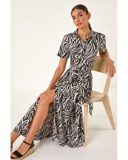 Roman Black Zebra Print Belted Shirt Dress