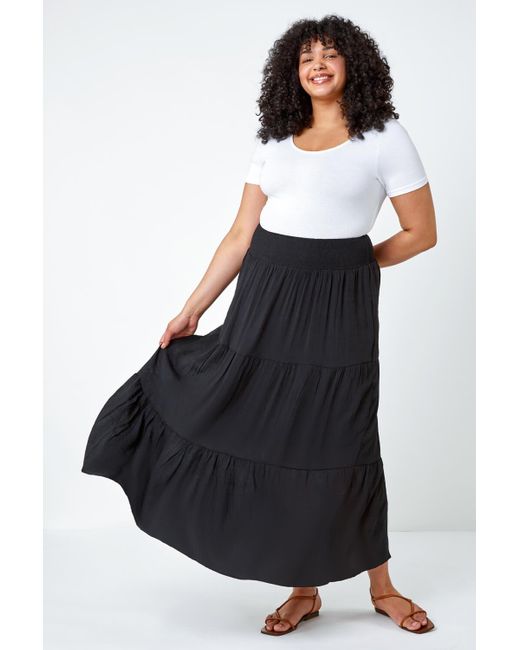 Roman Black Curve Stretch Waist Tiered Maxi Skirt